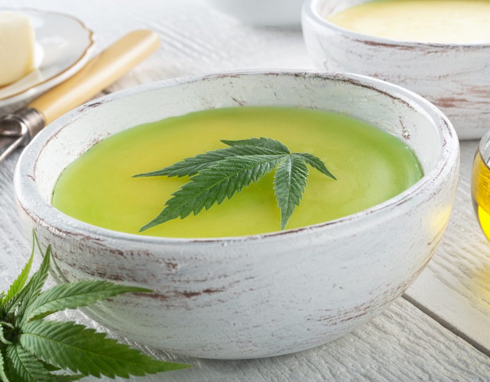 Cannabutter bowl of butter with leaf